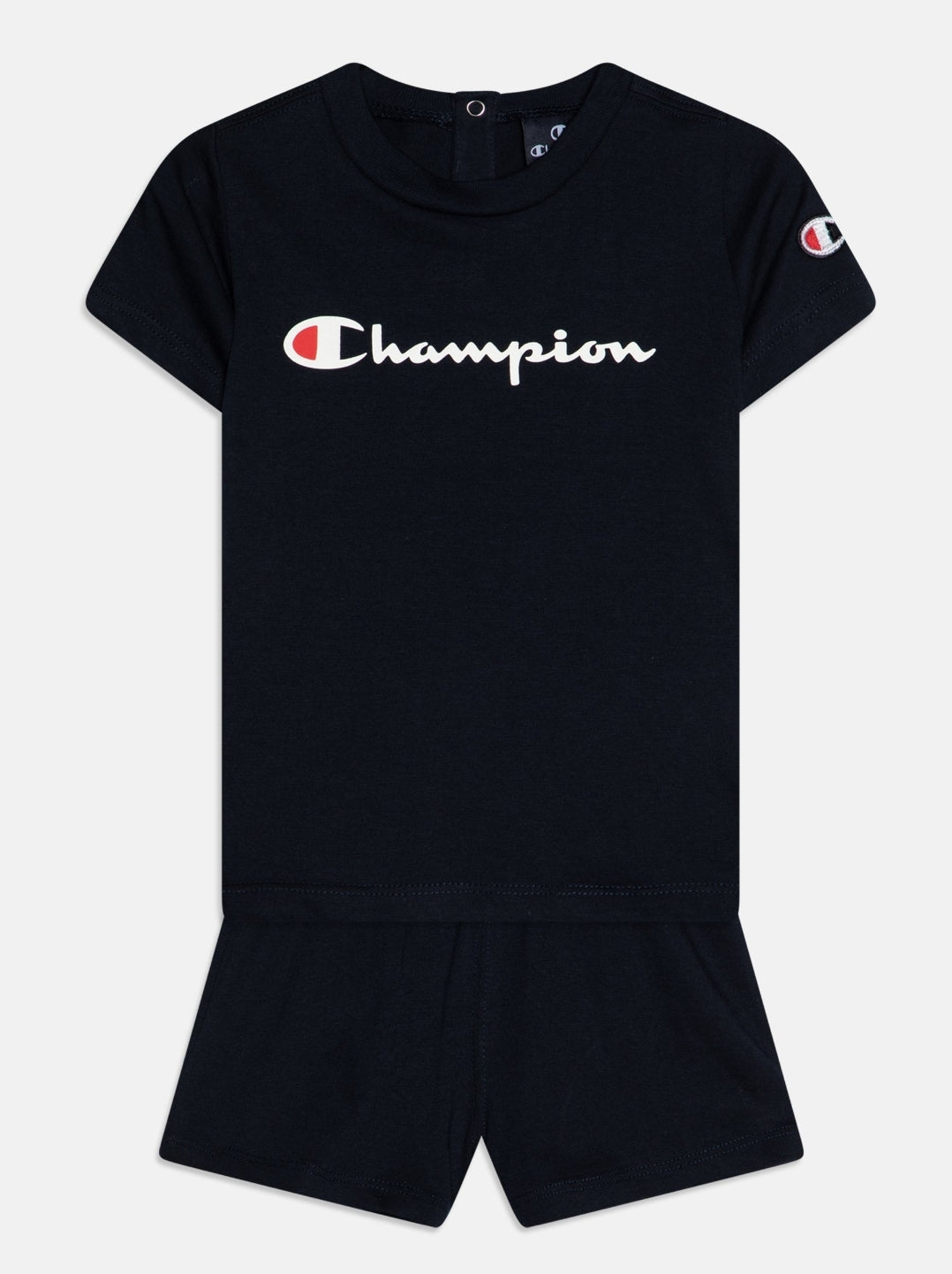 Champion Bébé T-Shirt und dunkle navyblaue Shorts und Shorts